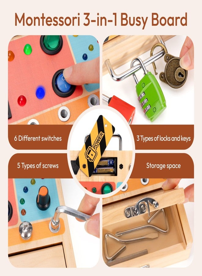 Woodtoe Montessori Toys for Toddler 3 4 5 Year Old, 3-in-1 Busy Board with LED Light Switch, Screwdriver Board Set, Lock and Key Toy, Educational Sensory Toys, Fine Motor Skill Christmas Toys for Kids - Image 2